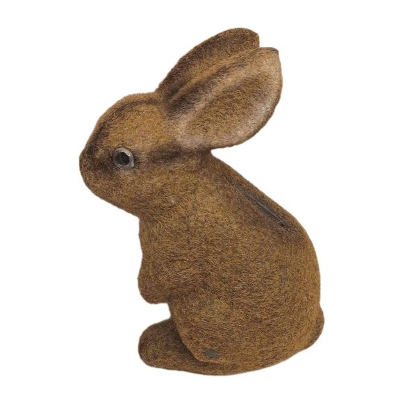 Vintage Flocked Brown Bunny Rabbit Coin Piggy Bank W/ Stopper Fuzzy Easter 6.5" - Picture 1 of 13